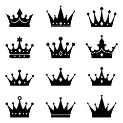 Set of black royal crown silhouette icons for king and queen logo