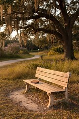 Wooden park bench with a book resting on its surface sits peacefully beside a winding dirt path under a majestic oak tree draped in Spanish moss during golden hour.