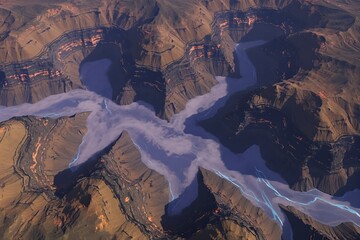 Dramatic mountainous river landscape with glowing blue currents and layered rock formations winding through deep canyons under a vast sky.