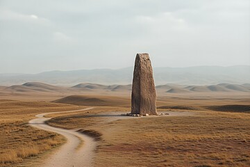 Ancient carved stone monument stands majestically on a vast, dry steppe landscape with rolling hills under a hazy sky, featuring a winding dirt road.