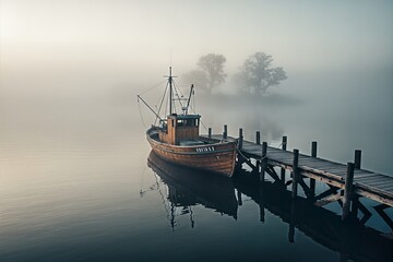 Wooden fishing boat rests peacefully at a rustic pier on a calm, misty morning, with distant trees barely visible through the thick fog.