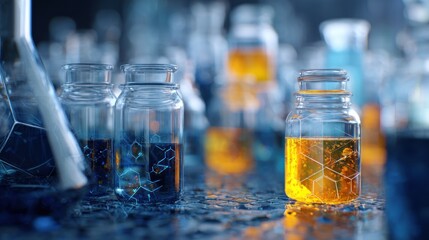 scientific laboratory with glass jars filled with colorful liquids and chemical reactions