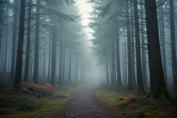 Misty forest path winding through a dense pine tree woodland shrouded in thick fog, creating a mysterious and tranquil natural landscape.