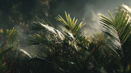 Lush tropical palm leaves illuminated by sunlight in a dense jungle setting