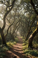 Winding forest path through ancient mossy trees bathed in soft morning light and mystical mist, inviting exploration into nature's embrace.