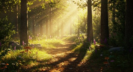 Obraz premium Forest path sunlight through trees nature landscape