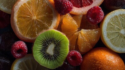 Vibrant Assortment of Fresh Fruits Including Kiwi Oranges Lemons and Raspberries