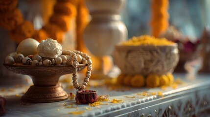 Traditional Indian Religious Ceremony Setup with Ritual Items and Decorations