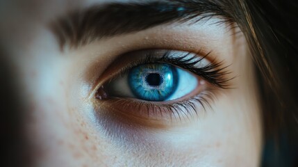 futuristic vision: a close-up showcasing a captivating human eye integrated with cutting-edge digital technology and biometric interface innovation