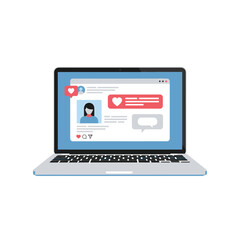 An illustration of a laptop displays social media on screen with a profile.