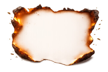 Burnt paper sheet with fiery glowing edges and dark charring on a transparent background, representing destruction, old age, or a warning