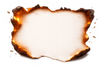 Burnt paper sheet with fiery glowing edges and dark charring on a transparent background, representing destruction, old age, or a warning