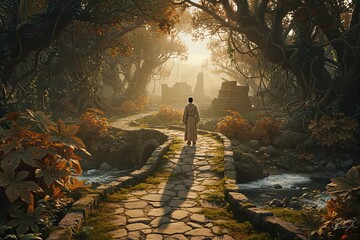 Person in a robe walks along a mossy stone path through an ancient, mystical forest towards distant ruins bathed in golden sunlight.