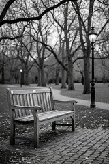 Wooden park bench stands peacefully beside a glowing lamppost on a cobblestone path in a serene, leafless park, evoking a sense of calm and solitude.