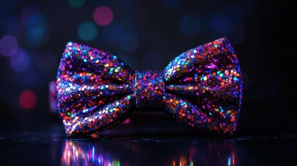 a meticulously crafted, shimmering bow tie, resplendent with multi-colored glitter, poised against a backdrop of ethereal, diffused light