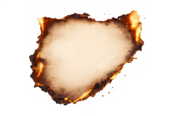 Burnt paper sheet with glowing orange and black edges, a textured old parchment scroll with fire damage on transparent background