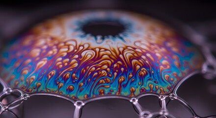 A semispherical bubble displays iridescent swirling patterns with a central dark hole and a cluster of smaller bubbles at the base