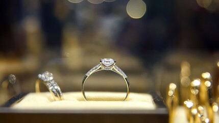 glimmering engagement rings displayed in a luxurious jewelry showcase, radiating elegance and the promise of eternal commitment with each glittering stone