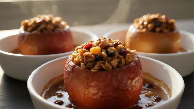 Steaming baked apples topped with crunchy granola and dried fruit. Delicious warm dessert served in elegant white bowls. Ideal for healthy autumn or winter menus