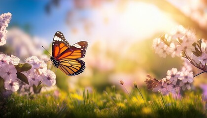 blooming garden with vibrant butterfly in blurred sunshine
