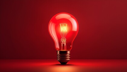 a brightly glowing incandescent lightbulb stands out sharply against a vibrant saturated red backdrop symbolizing a brilliant solution or innovation solution power red