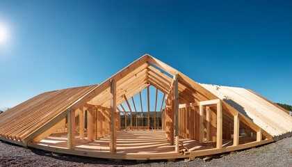 premium photo of building a wooden pine roof frame under a clear blue sky