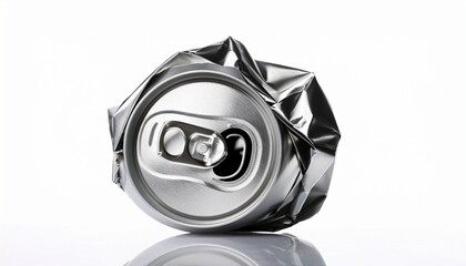 crumpled silver aluminum soda can on white background