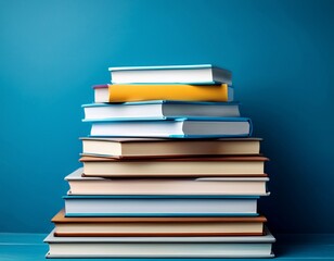 premium photo of pile of books organized on top of each other in a blue background