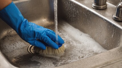 Scrubbing a sink with a brush while water runs from the faucet in a kitchen setting