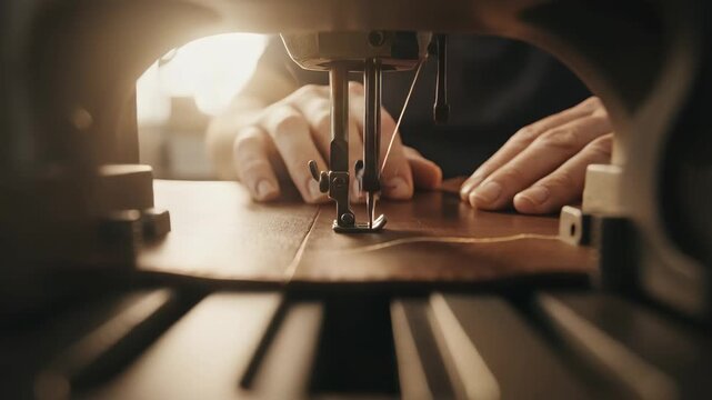 Close up of an adult male's hands operating a sewing machine. Expertly stitching a piece of brown leather material. Emphasizing traditional craftsmanship and detailed work