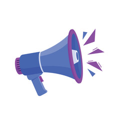 A blue megaphone loudly announces with purple accents and sound waves.