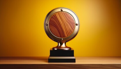 elegant trophy featuring polished wood and shiny metal accents displayed on a vibrant yellow gradient backdrop backdrop wood award