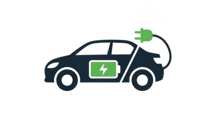 Electric car with battery and plug icon isolated on transparent background