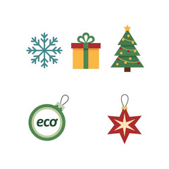 Eco-friendly Christmas icons with tree and ornaments.