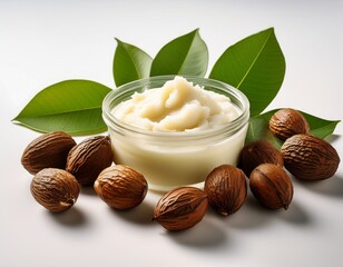 premium image of whole shea nuts with creamy shea butter and green leaves on a minimal white background in bright lighting