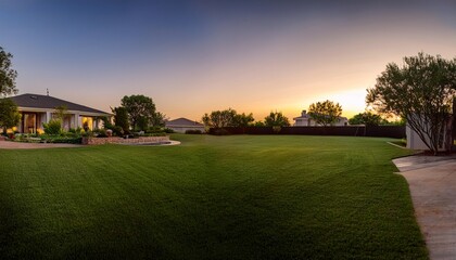 wide shot of a tranquil empty residential yard during evening golden hour abundant negative space and natural light for design use dusk lawn freedom