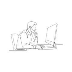 Continuous line drawing of man working on computer. Vector illustration of businessman thinking at desk in minimalist style.
