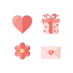The illustration features a heart, gift box, flower, and envelope on a white background.