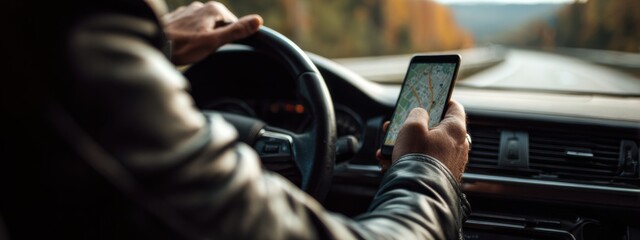 Driver uses smartphone for navigation while staying on the road during a drive in the fall season