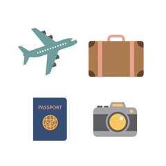 Travel essentials including airplane, suitcase, passport, and camera on display.