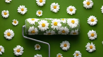 Green wall with white flowers painted by a roller on a clean surface in a creative setting during daylight