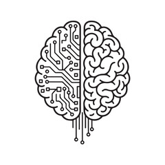 Human brain vs artificial intelligence concept vector. Half circuit board technology and half organic biological mind illustration representing logic and creativity.
