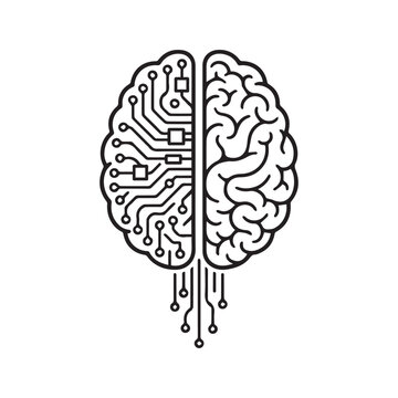 Human brain vs artificial intelligence concept vector. Half circuit board technology and half organic biological mind illustration representing logic and creativity.
