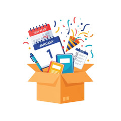 A box overflowing with office supplies and party decorations on New Year's Day celebration