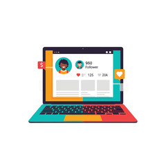 An illustration shows a laptop displaying a social media profile with followers and likes.
