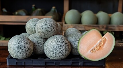 A Display of Fresh Cantaloupes with One Halved Melon Exposing Bright Orange Flesh