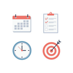 Illustration depicts business planning with calendar, checklist, clock, and target.