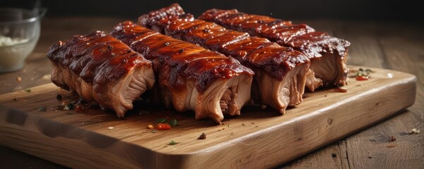 Slow cooked pork ribs on a wooden plank, falling off the bone, juicy and tender ,  food,  pork,  barbecue