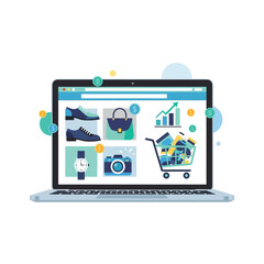Online shopping on laptop with various products displayed on screen and cart