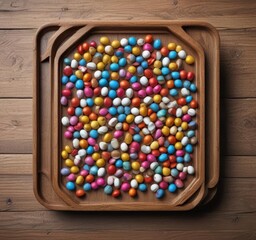 Small colorful pills arranged on a wooden tray,  medication,  vitamins,  wellness